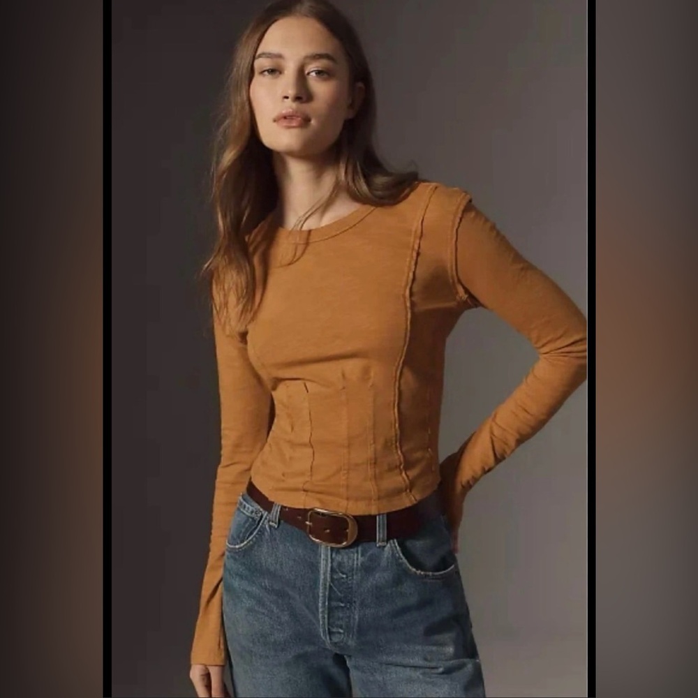 Anthropologie Pilcro Gold Yellow Sculpted Seam Long Sleeve Tee XXS